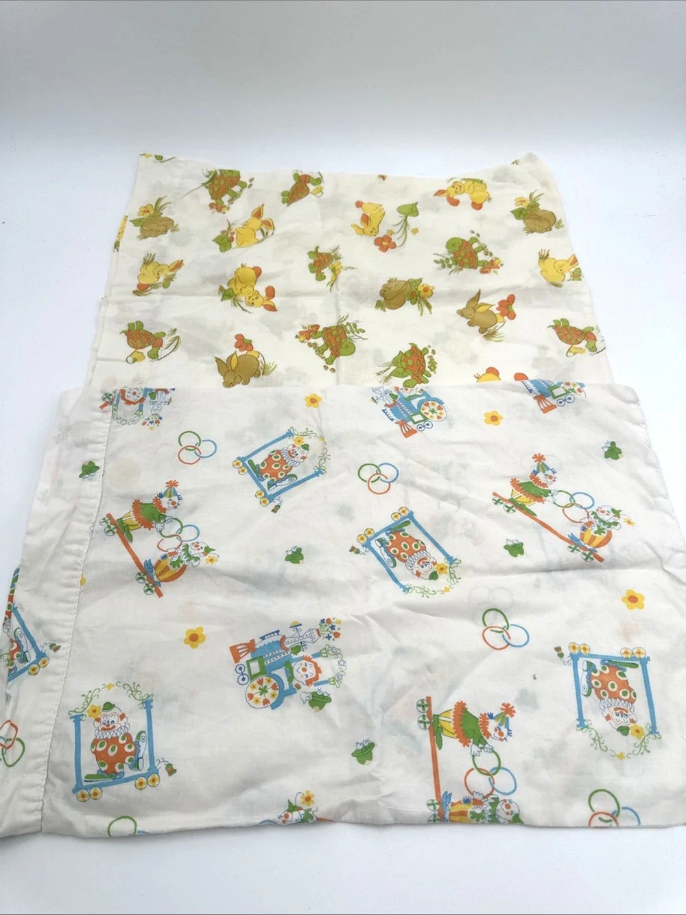 2 Vintage Baby Pillow Cases. Clowns Bunny Turtles